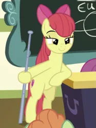 Size: 753x1007 | Tagged: safe, derpibooru import, screencap, apple bloom, shuffle step, earth pony, pony, g4, growing up is hard to do, bipedal, cropped, image, lidded eyes, older, older apple bloom, png, pointer, ponyville schoolhouse, smiling, solo