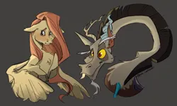 Size: 1774x1066 | Tagged: safe, artist:leshik, derpibooru import, discord, fluttershy, draconequus, pegasus, pony, g4, cloven hooves, duo, female, gray background, image, jpeg, male, mare, simple background