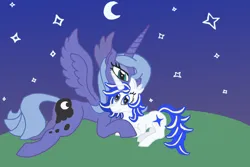 Size: 2048x1365 | Tagged: safe, artist:silverfishv9, derpibooru import, princess luna, oc, oc:azure star (silverfishv9), alicorn, pony, unicorn, blue coat, blue eyes, blue mane, cuddling, duo, female, filly, foal, gradient background, highlights, horn, image, jpeg, magical lesbian spawn, mare, mlp fim's fourteenth anniversary, moon, mother and child, mother and daughter, night, offspring, parent and child, parent:princess celestia, parent:princess luna, parents:princest, product of incest, s1 luna, spread wings, stars, unicorn oc, white coat, wings