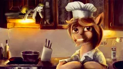 Size: 1503x845 | Tagged: safe, artist:stdeadra, derpibooru import, derpy hooves, oc, ponified, earth pony, pegasus, pony, g4, beard, clothes, cook, duo, facial hair, hat, image, jpeg, kitchen, kitchen knife, knife, male, oblomoff, solo focus, stallion