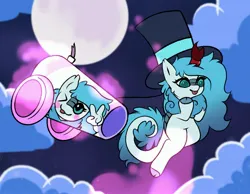 Size: 3429x2667 | Tagged: safe, artist:starnight, derpibooru import, oc, oc:frost flare, unofficial characters only, kirin, cannon, cloud, cloven hooves, floating, full moon, hat, horn, image, jpeg, magic, moon, my little pony the movie: the death of twilight sparkle, night, one eye closed, parody, peace sign, scene parody, solo, tail, tongue out, top hat