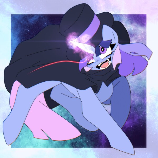 Size: 2048x2048 | Tagged: safe, artist:nekomortiz, derpibooru import, oc, oc:flawless sparklemoon, unofficial characters only, pony, unicorn, cloak, clothes, creepy, creepy smile, fangs, female, fusion, fusion:trixie, fusion:twilight sparkle, fusion:twixie, glow, glowing horn, hat, horn, image, jpeg, magic, magic aura, mare, my little pony the movie: the death of twilight sparkle, open mouth, open smile, smiling, solo, starry eyes, tail, top hat, unicorn oc, wingding eyes