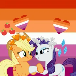 Size: 2828x2828 | Tagged: safe, artist:lanieeditsss, derpibooru import, applejack, rarity, earth pony, pony, unicorn, applejack's hat, cowboy hat, cutie mark, female, hat, heart, high res, horn, image, jpeg, lesbian, lesbian pride flag, mare, pride, pride flag, rarijack, shipping