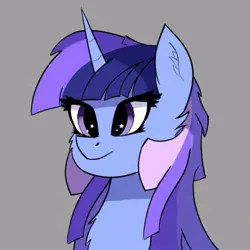 Size: 751x751 | Tagged: safe, artist:tempestshine, derpibooru import, oc, oc:flawless sparklemoon, unofficial characters only, pony, unicorn, female, fusion, fusion:trixie, fusion:twilight sparkle, fusion:twixie, gray background, hatless, horn, image, jpeg, mare, missing accessory, my little pony the movie: the death of twilight sparkle, simple background, solo, unicorn oc