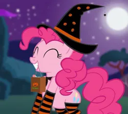 Size: 586x523 | Tagged: safe, artist:ironm17, derpibooru import, edit, pinkie pie, earth pony, pony, g4, ^^, eyes closed, female, halloween, hat, holiday, image, jpeg, mare, nightmare night, solo, trick or treat, witch hat