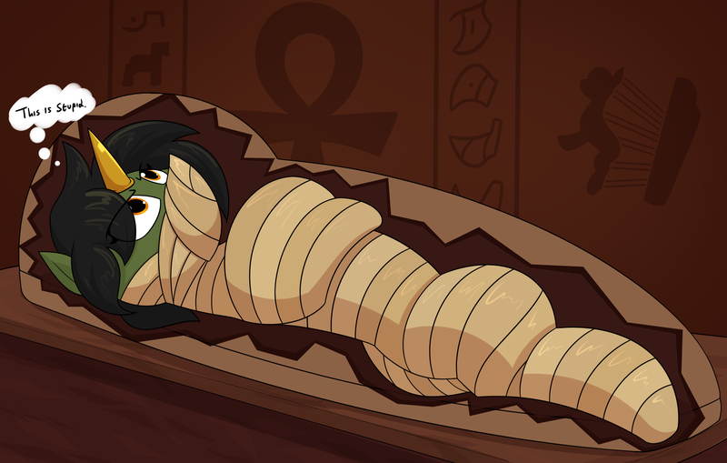 Size: 2821x1795 | Tagged: safe, artist:moonatik, derpibooru import, oc, oc:grim fate, unofficial characters only, pony, unicorn, ancient egypt, annoyed, bondage, bored, female, hieroglyphics, horn, image, mare, mummification, mummified, png, sarcophagus, solo, thought bubble, unicorn oc