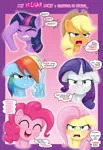 Size: 1280x1868 | Tagged: safe, artist:lennondash, derpibooru import, applejack, fluttershy, pinkie pie, rainbow dash, rarity, twilight sparkle, earth pony, pegasus, pony, unicorn, angry, blushing, cringing, dialogue, digital art, english, feather fingers, gritted teeth, group, horn, image, jpeg, mane six, middle feather, middle finger, mlp fim's fourteenth anniversary, open mouth, open smile, purple background, sextet, simple background, smiling, speech bubble, teeth, vulgar, wing gesture, wing hands, wings