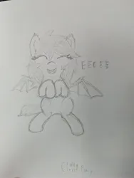 Size: 3072x4080 | Tagged: safe, artist:craftycirclepony, derpibooru import, oc, oc:fruit hulu, unofficial characters only, bat pony, ^^, bat pony oc, bat wings, cute, cute little fangs, ear fluff, eeee, eyes closed, fangs, female, hooves to the chest, image, jpeg, open mouth, pencil drawing, sitting, sketch, solo, spread wings, traditional art, wings