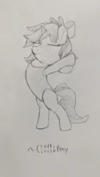 Size: 2268x4032 | Tagged: safe, artist:craftycirclepony, derpibooru import, oc, oc:susie supreme, unofficial characters only, pony, unicorn, bipedal, bow, chest fluff, clothes, cute, eyes closed, female, filly, foal, freckles, hair bow, horn, image, jpeg, leotard, pencil drawing, sketch, smiling, solo, stretching, traditional art