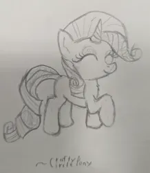 Size: 2535x2907 | Tagged: safe, artist:craftycirclepony, derpibooru import, rarity, unicorn, ^^, chest fluff, cute, eyes closed, happy, horn, image, jpeg, pencil drawing, raised hoof, raised leg, sketch, smiling, solo, traditional art