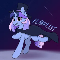 Size: 1800x1800 | Tagged: safe, artist:corecarnitine, derpibooru import, oc, oc:flawless sparklemoon, unofficial characters only, pony, unicorn, cloak, clothes, female, fusion, fusion:trixie, fusion:twilight sparkle, fusion:twixie, grin, hat, horn, image, jpeg, mare, my little pony the movie: the death of twilight sparkle, raised hoof, raised leg, shooting star, smiling, solo, sparkles, sparkly eyes, standing on two hooves, tail, top hat, unicorn oc, wingding eyes