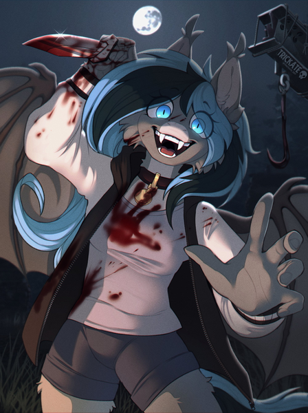 Size: 2000x2680 | Tagged: semi-grimdark, artist:trickate, derpibooru import, oc, oc:luny, unofficial characters only, anthro, bat pony, pony, blood, choker, clothes, eye clipping through hair, fangs, female, grass, hand, hook, image, jacket, knife, looking at you, mare, moon, night, png, shorts, slasher smile, slit pupils, smiling, solo, spread wings, tanktop, this will end in death, this will end in tears, this will end in tears and/or death, wings