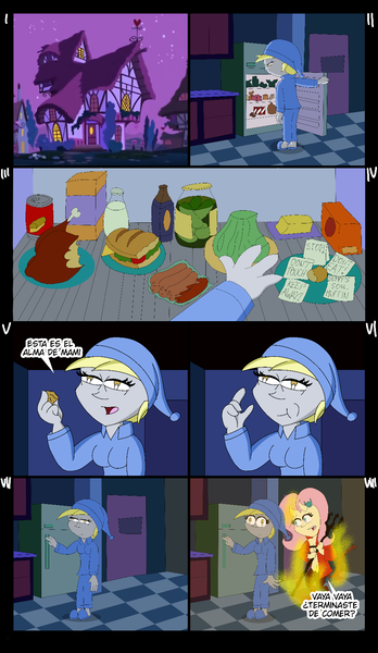 Size: 1033x1779 | Tagged: safe, derpibooru import, derpy hooves, fluttershy, human, pegasus, equestria girls, g4, clothes, comic, devil, fire, food, gelatin, humanized, image, kitchen, night, night suit, pajamas, png, refrigerator, simpson, sleeping