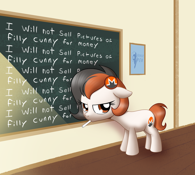 Size: 2704x2418 | Tagged: suggestive, artist:horsepen, derpibooru import, oc, oc:monero, unofficial characters only, earth pony, pony, art pack:fillypack 3, art pack, chalk, chalkboard, classroom, female, filly, foal, image, png, solo