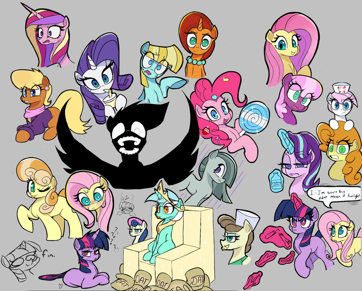 Size: 1884x1514 | Tagged: safe, artist:ponconcarnal, derpibooru import, bon bon, carrot top, cheerilee, fluttershy, golden harvest, helia, junebug, lyra heartstrings, marble pie, ms. harshwhinny, nurse redheart, pinkie pie, princess cadance, rarity, starlight glimmer, stellar flare, sweetie drops, twilight sparkle, alicorn, earth pony, pegasus, pony, unicorn, g4, angry, candy, chair, chef's hat, clothes, confused, crown, drink, drinking, drinking straw, food, gray background, grin, hat, horn, image, jewelry, juice, lollipop, looking at you, magic, necklace, nurse hat, oats, png, rain, regalia, simple background, sketch, sketch dump, smiling, speech bubble, starlight glimmer is not amused, sweat, telekinesis, tired, tongue out, tree branch, unamused, wall of tags