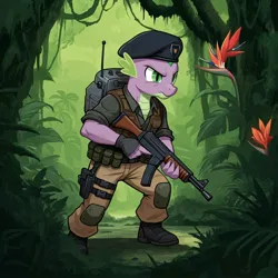 Size: 1024x1024 | Tagged: safe, ai content, derpibooru import, generator:google imagen 3.0, machine learning generated, prompter:zerowinger, spike, anthro, dragon, series:g.i. pony: a real equestrian hero, g4, backpack, beret, boots, clothes, cosplay, costume, dial-tone, forest, g.i. joe, gun, hat, image, jpeg, jungle, male, military uniform, nature, shoes, solo, special mission brazil, submachinegun, tree, uniform, weapon