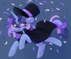 Size: 1654x1382 | Tagged: artist needed, safe, artist:anonymous, derpibooru import, oc, oc:flawless sparklemoon, unofficial characters only, pony, unicorn, cloak, clothes, confetti, female, fusion, fusion:trixie, fusion:twilight sparkle, fusion:twixie, hat, horn, image, mare, my little pony the movie: the death of twilight sparkle, open mouth, open smile, png, smiling, solo, starry eyes, tail, top hat, unicorn oc, wingding eyes