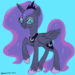 Size: 4096x4096 | Tagged: safe, artist:metaruscarlet, derpibooru import, princess luna, alicorn, pony, g4, blue background, crown, folded wings, glow, glowing horn, horn, image, jewelry, looking at you, mlp fim's fourteenth anniversary, open mouth, png, raised hoof, regalia, simple background, solo, wings