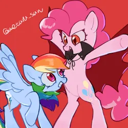 Size: 4096x4096 | Tagged: safe, artist:metaruscarlet, derpibooru import, pinkie pie, rainbow dash, earth pony, pegasus, pony, g4, cape, clothes, fangs, image, looking at each other, looking at someone, nightmare night, open mouth, png, raised hoof, red background, red eyes, simple background, spread hooves, spread wings, standing on two hooves, surprised, wings