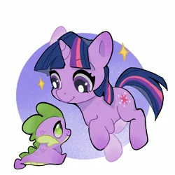 Size: 1600x1600 | Tagged: safe, artist:zhen8558, derpibooru import, spike, twilight sparkle, pony, unicorn, baby, baby spike, circle background, female, filly, foal, full body, gradient background, horn, image, jpeg, looking at each other, looking at someone, mare, raised hoof, simple background, sitting, smiling, sparkles, two toned background, white background, younger