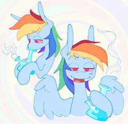 Size: 2048x1981 | Tagged: safe, artist:volchok, derpibooru import, rainbow dash, pegasus, pony, g4, bloodshot eyes, bong, chromatic aberration, drug use, drugs, eyebrows, eyebrows visible through hair, female, image, jpeg, lidded eyes, looking at you, mare, no pupils, open mouth, open smile, rainbow hash, smiling, smiling at you, solo, spread wings, wings