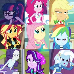 Size: 1920x1920 | Tagged: safe, derpibooru import, edit, edited screencap, screencap, applejack, fluttershy, pinkie pie, rainbow dash, rarity, sci-twi, starlight glimmer, sunset shimmer, trixie, twilight sparkle, human, equestria girls, g4, annoyed, collage, humane five, humane seven, humane six, image, jpeg