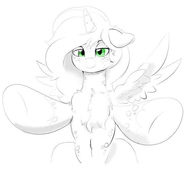 Size: 2091x1974 | Tagged: safe, artist:thelunarmoon, derpibooru import, oc, oc:lunar moon, unofficial characters only, alicorn, pony, alicorn oc, belly, belly button, chest fluff, floppy ears, grayscale, horn, image, jpeg, lidded eyes, looking at you, male, monochrome, partial color, simple background, smiling, smiling at you, solo, stallion, white background, wings