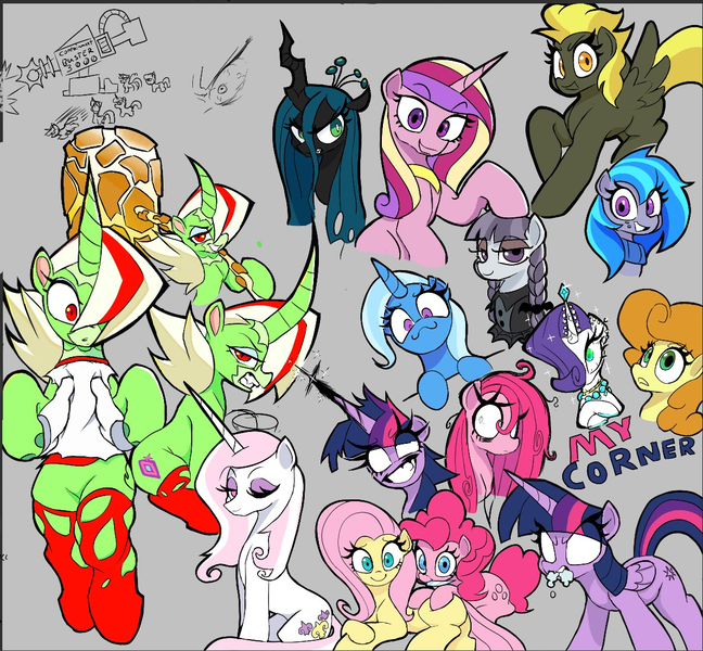 Size: 1184x1096 | Tagged: safe, artist:ponconcarnal, derpibooru import, carrot top, fleur-de-lis, fluttershy, golden harvest, inky rose, pinkie pie, princess cadance, queen chrysalis, rarity, trixie, twilight sparkle, twilight sparkle (alicorn), oc, oc:snowy peaks, alicorn, changeling, changeling queen, earth pony, pegasus, pony, unicorn, g4, clothes, dark magic, female, foaming at the mouth, goth, gray background, hammer, horn, image, insanity, jewelry, knife, looking at you, magic, mare, necklace, one eye closed, pinkamena diane pie, png, scarf, simple background, sketch, sketch dump