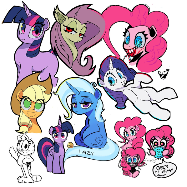 Size: 1435x1441 | Tagged: semi-grimdark, artist:ponconcarnal, derpibooru import, applejack, fluttershy, pinkie pie, rarity, trixie, twilight sparkle, twilight sparkle (alicorn), alicorn, bat pony, earth pony, fly, insect, pegasus, pony, unicorn, fanfic:cupcakes, g4, applejack's hat, bat ponified, blood, candy, cowboy hat, crossover, female, flutterbat, food, garfield, hat, horn, image, implied death, implied rainbow dash, insanity, lollipop, looking at you, mare, nermal, png, race swap, simple background, sketch, sketch dump, tired, unicorn twilight, white background