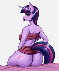 Size: 1500x1800 | Tagged: suggestive, artist:zachc, derpibooru import, twilight sparkle, anthro, unicorn, bocas top, breasts, butt, clothes, female, hand on hip, image, implied tail hole, large butt, looking at you, looking back, looking back at you, looking over shoulder, png, rear view, sitting, skirt, skirt lift, solo, tail, tongue out, twibutt, unicorn twilight