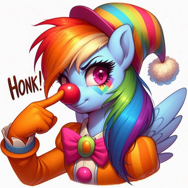 Size: 1024x1024 | Tagged: safe, ai content, derpibooru import, machine learning generated, prompter:heydude5321, rainbow dash, pegasus, g4, boop, bowtie, clothes, clown, clown nose, generator:bing image creator, generator:dall-e 3, gloves, hat, honk, image, jpeg, makeup, red nose, self-boop, wings