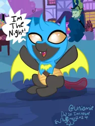 Size: 768x1024 | Tagged: safe, artist:uniomie, derpibooru import, oc, changeling, pony, g4, baby, baby pony, batman, changeling oc, clothes, costume, dc comics, female, filly, foal, halloween, halloween costume, holiday, image, inktober, inktober 2024, nightmare night, png, ponysona, ponytober 2024