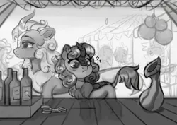 Size: 4096x2897 | Tagged: safe, artist:serenitysky, derpibooru import, oc, unofficial characters only, kirin, pony, bottle, coin, female, filly, foal, grayscale, image, kirin oc, mare, market, money, monochrome, pitcher plant, png, sparkles, table