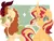 Size: 1600x1200 | Tagged: safe, artist:startrixx_, derpibooru import, aria blaze, autumn blaze, sunset shimmer, kirin, pony, unicorn, g4, blush lines, blushing, coat markings, crack shipping, curved horn, date (time), duo, duo female, eyeshadow, female, green background, happy, heart eyes, horn, image, lesbian, lidded eyes, looking over shoulder, makeup, one eye closed, passepartout, png, ship:sunblaze, shipping, signature, simple background, sparkles, square background, wingding eyes, wink