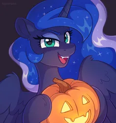 Size: 2243x2380 | Tagged: safe, artist:skysorbett, derpibooru import, princess luna, alicorn, pony, g4, ethereal mane, fangs, female, halloween, holiday, horn, image, jack-o-lantern, looking at you, mare, mlp fim's fourteenth anniversary, nightmare night, open mouth, open smile, png, pumpkin, smiling, solo, wings