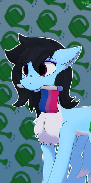 Size: 2000x4000 | Tagged: safe, alternate version, artist:monycaalot, derpibooru import, oc, oc:rainstorm, unofficial characters only, original species, alternate character, bisexual pride flag, chest fluff, commission, image, kitsune, kitsune pony, patterned background, png, pride, pride flag, pride month, solo, ych result