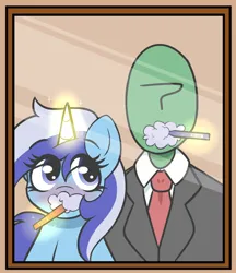 Size: 1396x1614 | Tagged: safe, artist:dowa, derpibooru import, minuette, oc, oc:anon, pony, unicorn, g4, brushing teeth, canon x oc, clothes, duo, duo male and female, female, horn, image, magic, male, mirror, necktie, png, suit, telekinesis, toothbrush, toothpaste