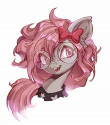 Size: 1903x2160 | Tagged: safe, artist:rrusha, derpibooru import, oc, oc:krista pebble, unofficial characters only, earth pony, bow, bust, clothes, curly mane, ear fluff, eye clipping through hair, freckles, glasses, hair bow, image, jpeg, looking at someone, open mouth, open smile, pink eyes, pink mane, shirt, simple background, smiling, t-shirt, white background