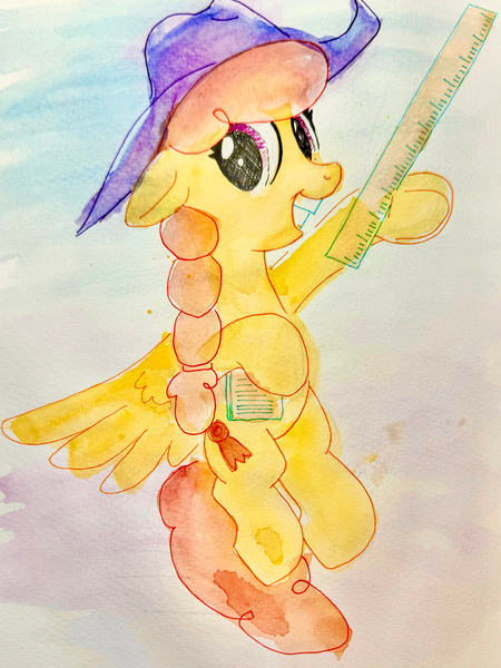 Size: 1725x2300 | Tagged: safe, artist:mandumustbasukanemen, derpibooru import, record high, pegasus, pony, braid, female, flying, hat, image, jpeg, looking at you, mare, notebook, ruler, solo