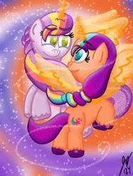 Size: 1620x2160 | Tagged: safe, artist:jesslmc16, derpibooru import, sunny starscout, alicorn, g5, alicornified, artificial horn, artificial wings, augmented, crying, duo, duo female, female, flying, image, looking at each other, looking at someone, magic, mane stripe sunny, mother and child, mother and daughter, png, race swap, signature, simple background, smiling, smiling at each other, velvet starscout, wings