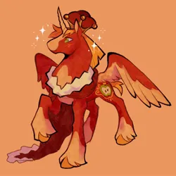 Size: 2048x2048 | Tagged: safe, artist:llorienart, derpibooru import, big macintosh, alicorn, pony, g4, alicornified, alternate design, blaze (coat marking), cape, clothes, coat markings, colored belly, colored horn, colored wings, colored wingtips, crown, facial markings, horn, image, jewelry, jpeg, male, orange background, partially open wings, princess big mac, race swap, regalia, simple background, socks (coat marking), solo, sparkles, stallion, standing on two hooves, twitterina design, wings