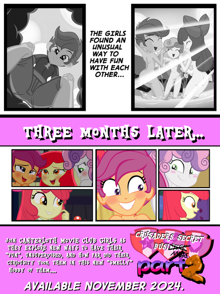 Size: 4000x5331 | Tagged: suggestive, artist:succubi samus, derpibooru import, apple bloom, scootaloo, sweetie belle, comic:crusaders busimess part 2, fanfic, eqg summertime shorts, equestria girls, g4, the canterlot movie club, censored, coming soon, fanfic art, image, implied farting, implied lesbian, implied lolicon, implied nudity, implied pooping, implied scat, implied underage, implied urine, my little pony equestria girls: summertime shorts, older, png, preview, show accurate