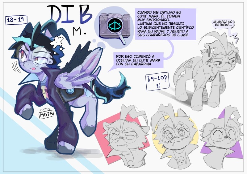 Size: 1600x1129 | Tagged: safe, artist:sirm0th, derpibooru import, ponified, pegasus, pony, abstract background, clothes, glasses, image, invader zim, jpeg, male, reference sheet, solo, solo male, spanish, spanish text, stallion, trenchcoat