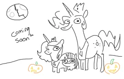 Size: 1067x677 | Tagged: safe, artist:tjpones, derpibooru import, princess celestia, princess luna, twilight sparkle, alicorn, pony, unicorn, g4, female, filly, filly twilight sparkle, foal, full moon, halloween, holiday, horn, image, jack-o-lantern, mare, moon, png, pumpkin, s1 luna, simple background, squatpony, trio, trio female, twiggie, unicorn twilight, white background, younger