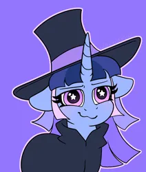 Size: 1722x2026 | Tagged: safe, artist:leopardsnaps, derpibooru import, oc, oc:flawless sparklemoon, pony, unicorn, cape, clothes, eyebrows, fusion, fusion:trixie, fusion:twilight sparkle, fusion:twixie, hat, horn, image, looking at you, my little pony the movie: the death of twilight sparkle, png, purple background, simple background, solo, top hat