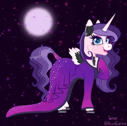 Size: 1256x1253 | Tagged: safe, artist:azira faerinx, derpibooru import, oc, unofficial characters only, pony, unicorn, g4, blue eyes, choker, clothes, curly mane, dress, ear piercing, elegant, female, gala dress, galaxy, happy, heart, heart eyes, horn, horn jewelry, horseshoes, image, jewelry, mare, moon, night, nose piercing, piercing, pink pony, png, purple mane, small wings, smiling, solo, solo female, spread wings, stars, tail, tail wrap, wingding eyes, wings