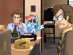 Size: 1440x1080 | Tagged: safe, artist:certainlysomething, derpibooru import, rainbow dash, human, pegasus, g4, chair, cringetober, crossover, fax machine, image, jello, office, office chair, pen, png, smiling, stapler, the office, trio, unamused