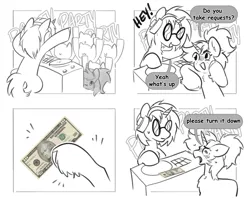 Size: 2400x1954 | Tagged: safe, artist:opalacorn, derpibooru import, vinyl scratch, oc, pony, unicorn, g4, comic, dialogue, dollar, duo focus, female, grayscale, horn, image, jpeg, mare, monochrome, partial color, rave, speech bubble, sweat, sweatdrop, turntable