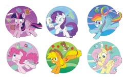 Size: 5488x3318 | Tagged: safe, artist:jowybean, derpibooru import, applejack, fluttershy, gummy, pinkie pie, rainbow dash, rarity, tank, twilight sparkle, twilight sparkle (alicorn), winona, alicorn, bird, butterfly, earth pony, insect, pegasus, pony, rabbit, squirrel, unicorn, g4, animal, apple, book, food, horn, image, mane six, party cannon, png, rainbow trail, simple background, sonic rainboom, thread, transparent background