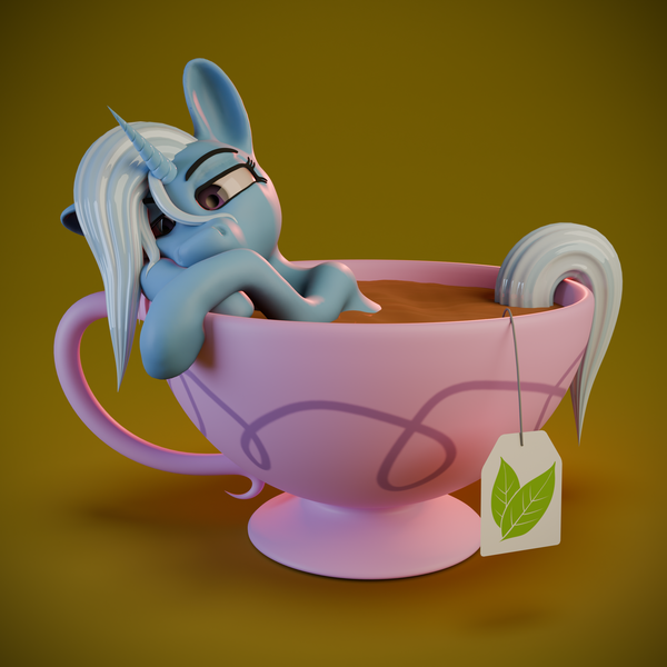 Size: 2560x2560 | Tagged: safe, artist:enteryourponyname, derpibooru import, trixie, pony, unicorn, g4, 3d, blender, blender cycles, cup, cup of pony, cute, diatrixes, female, food, hatless, horn, image, mare, micro, missing accessory, png, simple background, solo, tea, teacup, that pony sure does love teacups